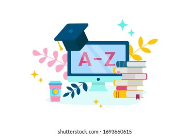 Online Education, E Learning And Adult Course Concept. Language Distance School. Modern Vector Illustration In Flat Cartoon Style For Website, Banner Design, Video Tutorial, Landing Page Template