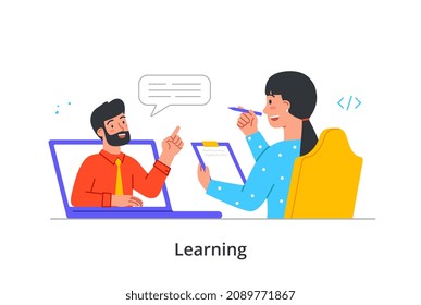 Online education and e learning concept. Woman takes online course and listens to teacher. Female character records important knowledge. Remote training or webinar. Cartoon flat vector illustration