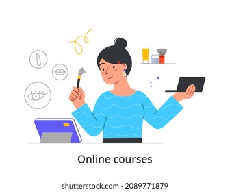 Online education and e learning concept. Woman watching online makeup course. Female character learning to be professional makeup artist. Webinar or video lesson. Cartoon flat vector illustration