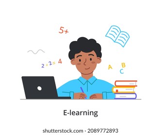 Online education and e learning concept. Little boy sitting at his laptop and solving math examples. Student at remote lesson. Child listens to webinar. Cartoon modern flat vector illustration