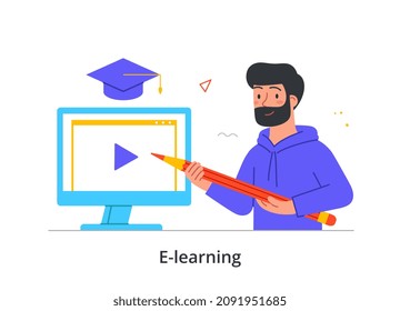 Online education and e learning concept. Young bearded man stands in front of computer screen and holds large pencil. Male character taking course in drawing. Cartoon modern flat vector illustration