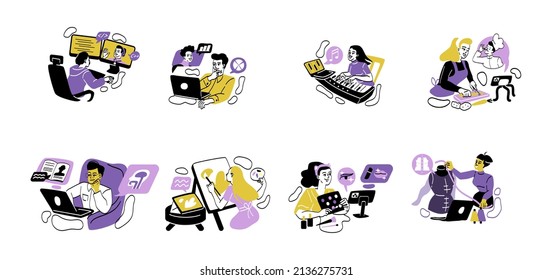 Online education and e learning concept. Collection of people sitting at laptop and attending courses on sewing, playing piano, makeup and drawing. Cartoon flat vector set isolated on white background