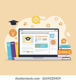 Educação on-line e conceito de E learning com livros de laptop e tampa de formatura