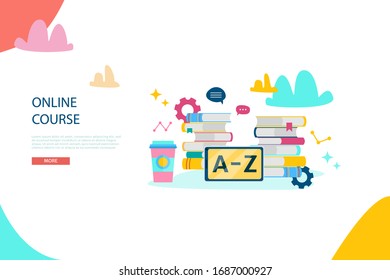 Online education, e learning and courses concept. Language distance school. Modern vector illustration in flat cartoon style for web site, banner design, video tutorial, landing page template