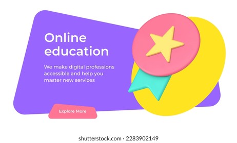 Online education e learning digital technology award graduation certificate social media banner 3d icon vector illustration. Internet studying college university distance academic multimedia lesson