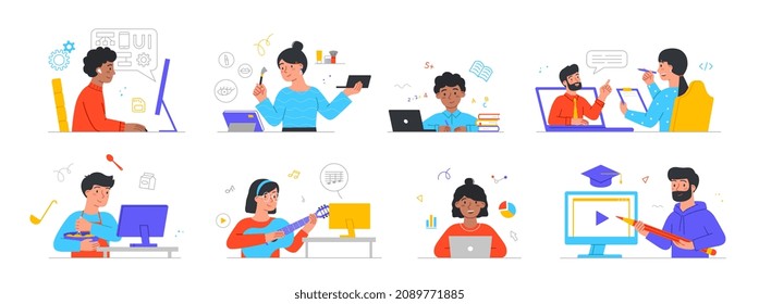 Online education and e learning. Set of men and women studying at online courses. Characters learn makeup, guitar playing, dessert making, marketing. Cartoon flat vector collection on white background