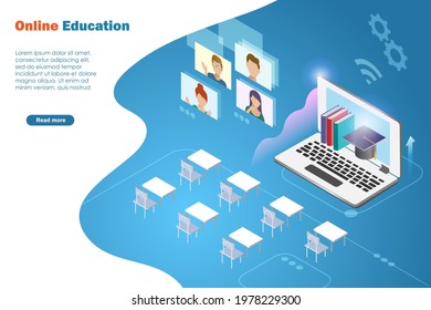 Online education, e learning, tables and chairs in classroom with knowledge books and graduation cap in computer screen. Isometric view, vector. Template, banner, online education technology concept.