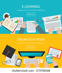 Online education, e learning web banners with people, laptop,  computer, tablet, phone, book, graduation hat, certificate etc. 