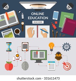 Online education, e learning, web courses flat concept background banner with education icons set. Top view on desktop. Study process. Vector illustration