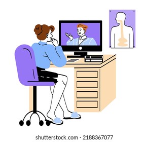 Online education and e learning. Woman sits at desk and listens to professor on computer screen. Character studying remote course or webinar on dietetics and medicine. Cartoon flat vector illustration