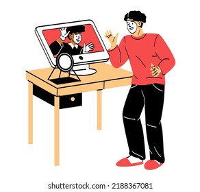 Online Education And E Learning. Young Positive Male Mime Watching Online Video Course Or Webinar On Pantomime. Remote Study Or Learning From Home. Cartoon Flat Vector Illustration In Doodle Style