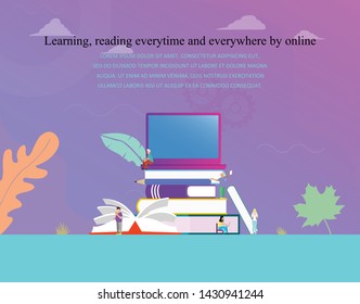 Online education or ebook reading concept vector illustration concept. digital library, e learning, online course video can use for, landing page, template, ui, web, homepage, banner, flyer and poster