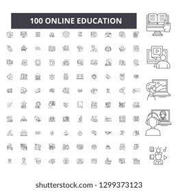 Online education editable line icons, 100 vector set, collection. Online education black outline illustrations, signs, symbols