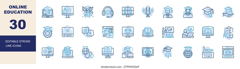 Online Education Editable Stroke Line Icons Set. E Learning, Virtual Classroom, Graduation and Distance Learning Vector Illustration