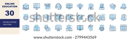 Online Education Editable Stroke Line Icons Set. E Learning, Virtual Classroom, Graduation and Distance Learning Vector Illustration