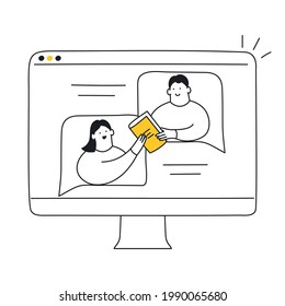 Online education, educational web seminar, and sharing book via chatting on the computer screen. Distant learning, guidance, sharing experience. Thin line yellow vector illustration on white.