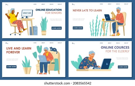 Online education for elderly landing page templates vector set. Senior women at computers learning distantly.