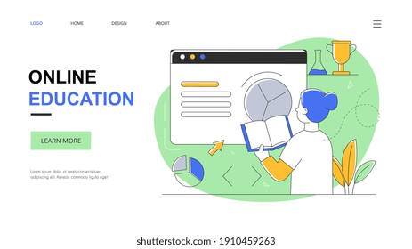 Online education or e-learning abstract concept. Flat, outline, cartoon vector illustration. Website, webpage, landing page template
