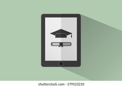 Online education, e-learning, certification courses visualized in reader device, flat style design