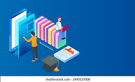 Online Education or E-Learning concept based isometric design, illustration of man preparing online through smartphone with education elements.