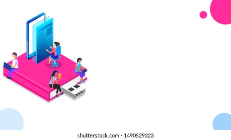 Online Education or E-Learning concept based isometric design, illustration of girl preparing online through smartphone with people character on book shape usb flash drive.