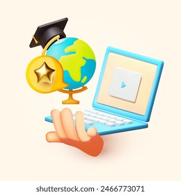 Online education. E-learning concept with computer, human hand, Earth globe, graduate hat, speech bubble and achieve star