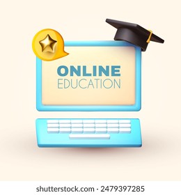 Online education. E-learning concept with computer, speech bubble with achieve star and graduate hat