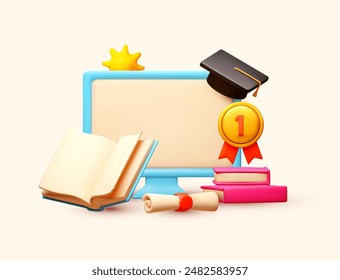 Online education. E-learning concept with computer, open book scroll, first place badge, graduate hat and sun