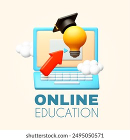 Online education. E-learning concept with computer, idea light bulb sign, graduate hat and up arrow