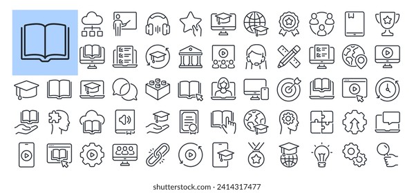 Iconos de contorno modificables de contorno para educación en línea y e-learning se aíslan en ilustración plana vectorial de fondo blanco. Pixel perfecto. 64 x 64.