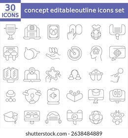 online education and e-learning concept editable stroke outline icons set isolated on white background flat vector illustration.