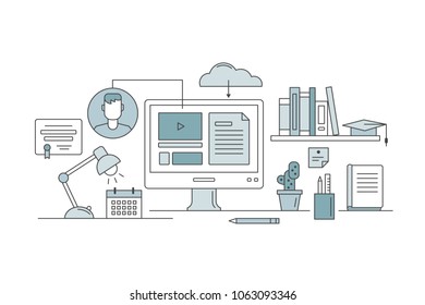 Online education and e-learning concept flat vector illustration