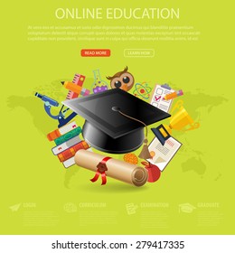 Online Education and E-learning Concept - Flat Icon Set with mortarboard, books, microscope for Flyer, Poster, Web Site. Vector Illustration.