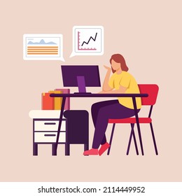 Online education and e-learning concept. Girl student learning online courses about sales in graphic. Flat Isometric Vector Illustration.