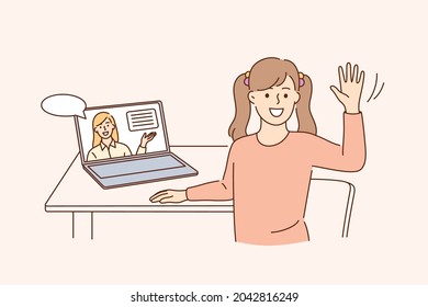 Online education and elearning concept. Happy cute little kid girl sitting at laptop waving hand doing home school with computer laptop e-learning and course vector illustration 