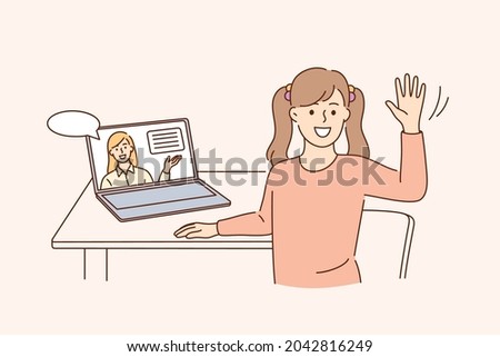 Online education and elearning concept. Happy cute little kid girl sitting at laptop waving hand doing home school with computer laptop e-learning and course vector illustration 