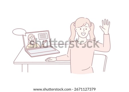 Online education and elearning concept. Happy cute little kid girl sitting at laptop waving hand doing home school with computer laptop e-learning and course vector illustration