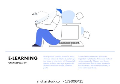 Online education, e-learning concept. Online at Home. Man, laptop and smartphone. Can use for web banner and article. Flat isometric vector illustration isolated on white background.