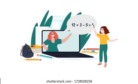 Online education and e-learning concept illustration. Teacher and pupil flat characters. Hand drawn doodle style. 