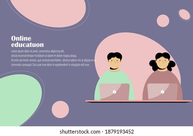 Educación en línea. Concepto de e-learning. Página de inicio del curso en línea. Estudiantes con laptops de estilo plano. Ilustración vectorial moderna. Cartel para medios sociales y publicidad