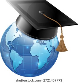Online Education and E-Learning Concept with realistic 3D icons Earth and Mortarboard. Vector illustration isolated on white.