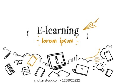 online education e-learning concept sketch doodle horizontal isolated copy space