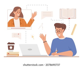 Online education and e-learning concept. Student learning at laptop, watching teacher online. Vector illustartion in flat style