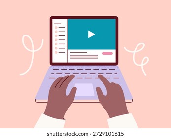 Online education and e-learning concept. Student studying at laptop. Digital learning and modern education. Vector flat illustration with colorful background.