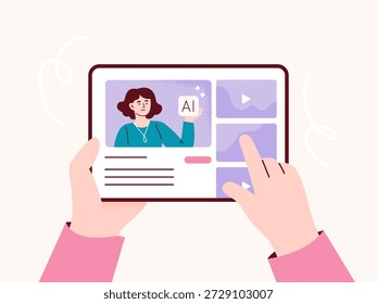 Online education and e-learning concept. Student studying at tablet. Digital learning and modern education. Vector flat illustration with colorful background.