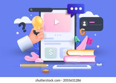 Online Education, E-learning Concept. Tablet With Stacks Of Book, Online Video Training Via Online Platform. 3d Vector Illustration