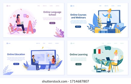 Online Education or e-learning concept with teachers and students using computers and laptops in four different scenes, colored vector illustration with copy space