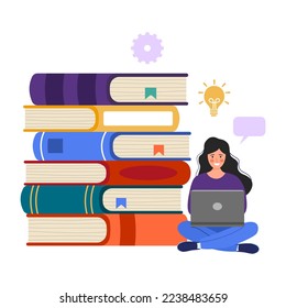 Online education e-learning concept vector illustration on white background. Student using laptop computer with stack of books in flat design.