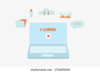 Online education and e-learning concept for web banners, infographics. A set of icons in a trending flat style: open laptop, folder, message, cloud storage, flash card, email . Vector illustration.