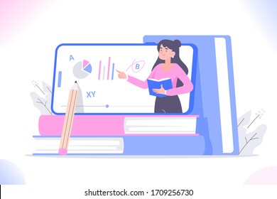 Online education and e-learning concept. Young female mentor in smartphone on books pointing on elements on screen during video. Distance education and video lesson concept, vector illustration